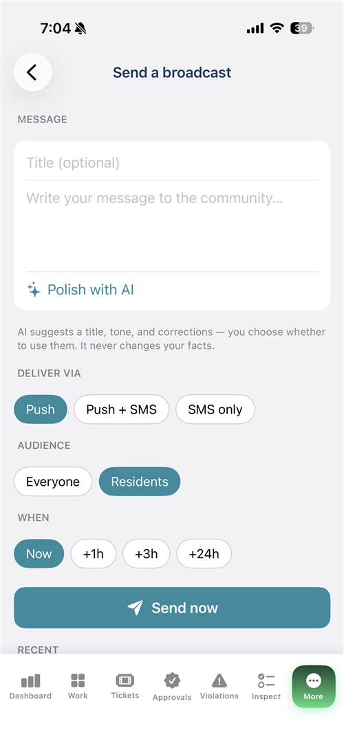 OnlyHOA staff app — composing a resident broadcast with AI assistance.